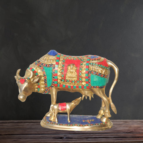 Brass Cow With Calf Stone Statue 8.44Kg