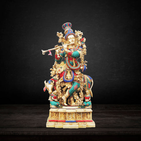 Brass Cow Krishna Big Stone Idol 32.93Kg