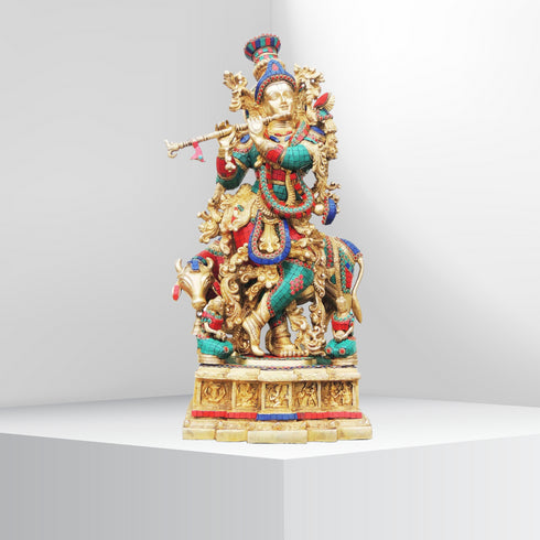 Brass Cow Krishna Big Stone Idol 32.93Kg