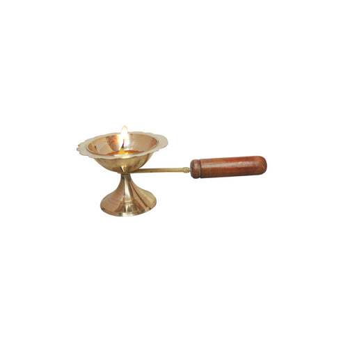Brass Oil Lamp Deepak With Wooden Handle 0.11Kg
