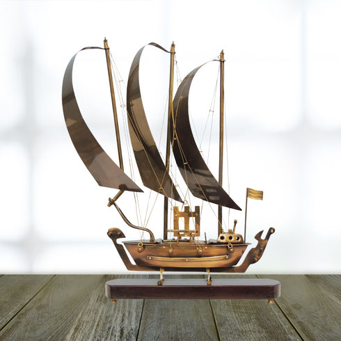 Brass Table Ship With Wooden Base 2.475kg