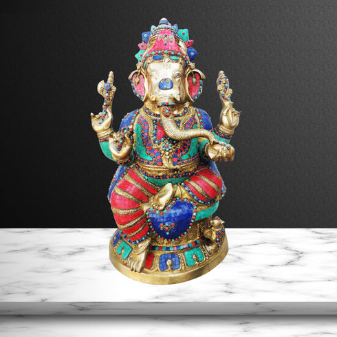 Brass Ganesh Ji Big Stone God Idol Statue 31.12Kg