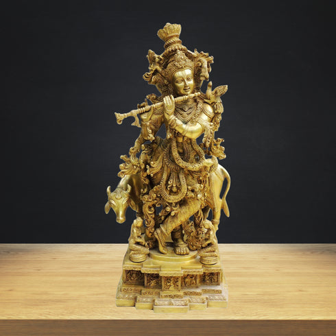 Brass Cow With Krishna God Idol Statue 34Kg