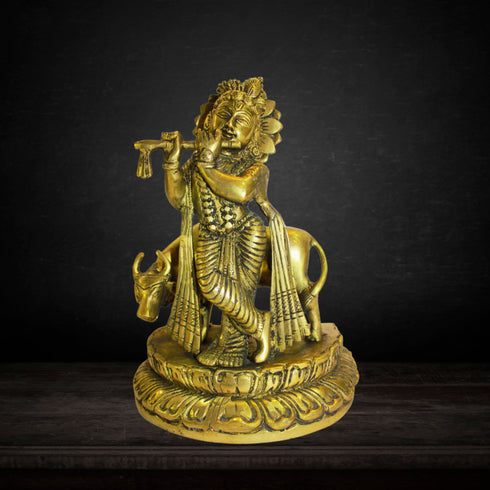 Brass Krishna With Cow God Statue 3184g
