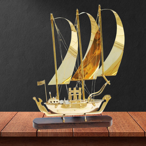Brass Table Ship With Wooden Base 2.57kg