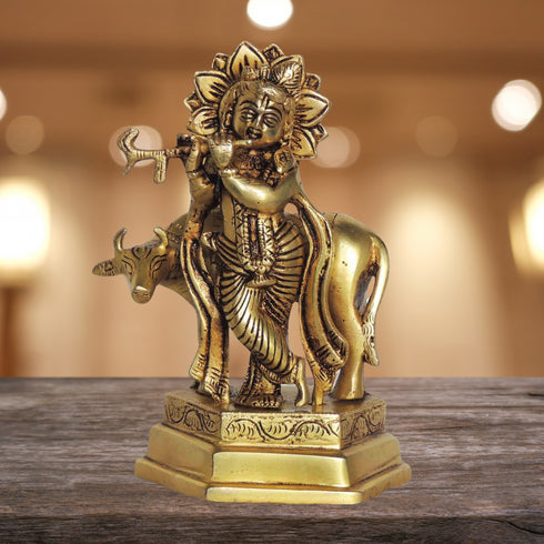 Brass Cow Krishna God Idol Statue 1.57Kg