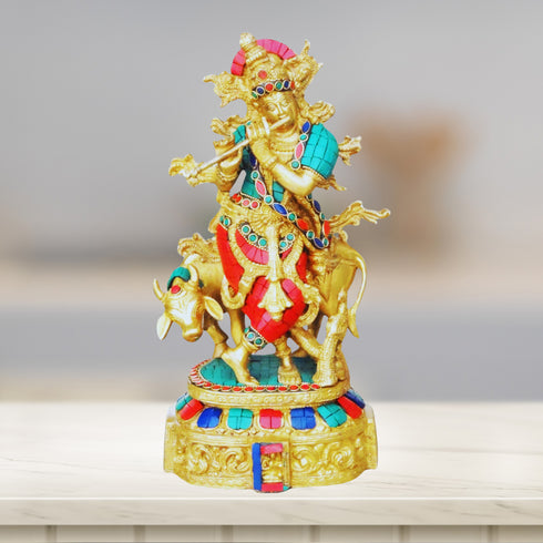 Brass Cow Krishna Stone Idol 5.086Kg