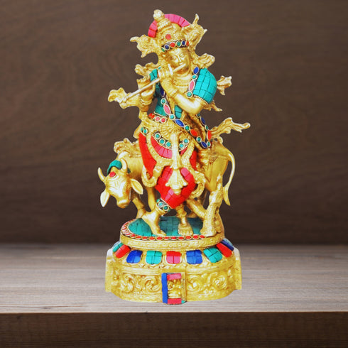 Brass Cow Krishna Stone Idol 5.086Kg