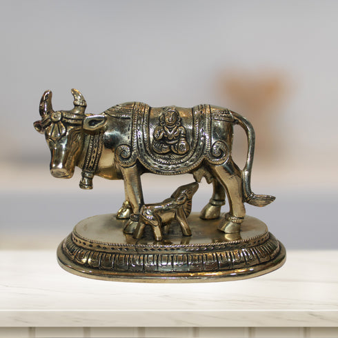 Brass Cow With Calf Statue 1211g