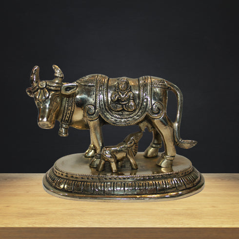 Brass Cow With Calf Statue 1211g