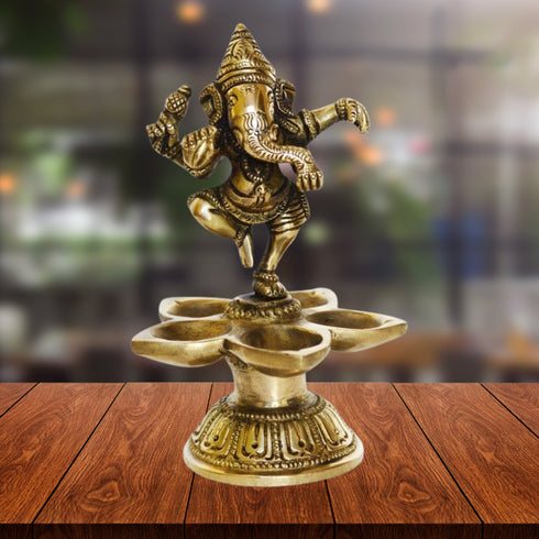 Brass Dancing Ganesh Lamp Deepak 5 Wicks 0.6kg