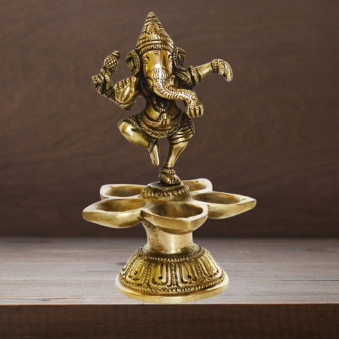 Brass Dancing Ganesh Lamp Deepak 5 Wicks 0.6kg