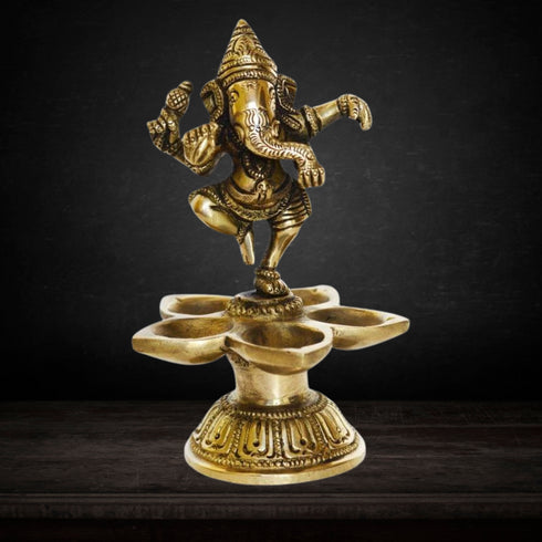 Brass Dancing Ganesh Lamp Deepak 5 Wicks 0.6kg