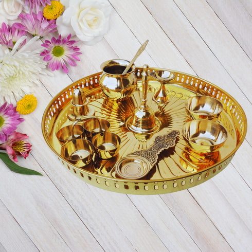 Brass Puja Thali Set With Multiple Items 1.3Kg