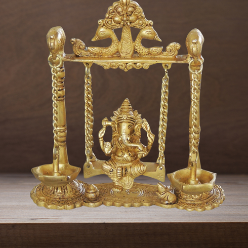 Brass Ganesh Jhula with Parrot and Deepak 1.76kg
