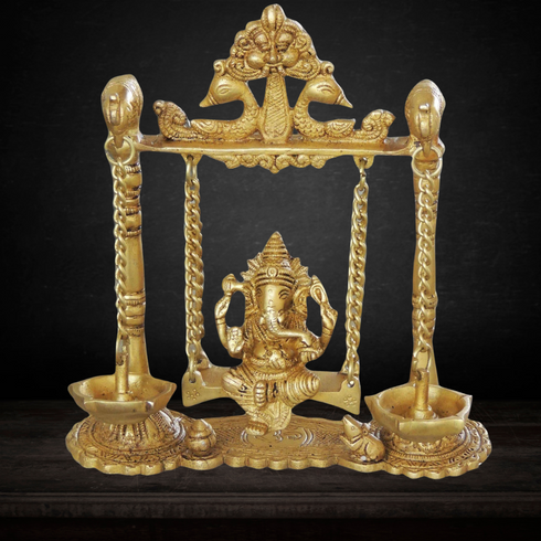 Brass Ganesh Jhula with Parrot and Deepak 1.76kg