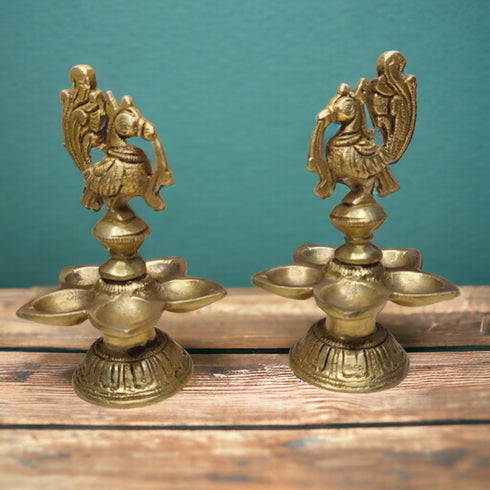 Tamas Brass Handcrafted Ethnic 5 Petal Peacock Diya with Antique Finish ( Golden)