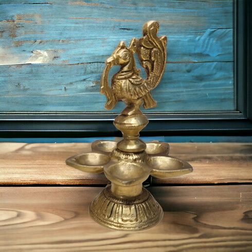 Tamas Brass Handcrafted Ethnic 5 Petal Peacock Diya with Antique Finish ( Golden)