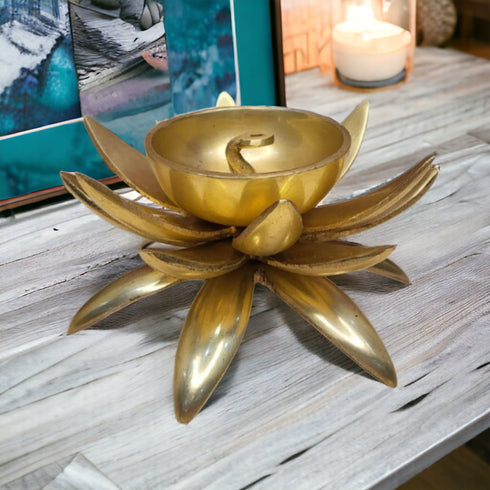 Tamas Brass Handcrafted Lotus Shaped Diya with Antique Finish (Pack of 1)