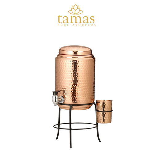 Tamas Hammered Copper Water Dispenser With Glass and Brass Tap