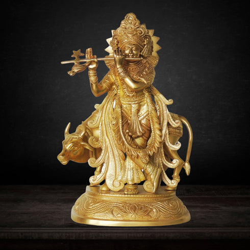 Brass Cow Krishna Statue 6.53kg