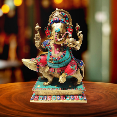 Brass Ganesh Ji Sitting On Rat Statue 14.348Kg