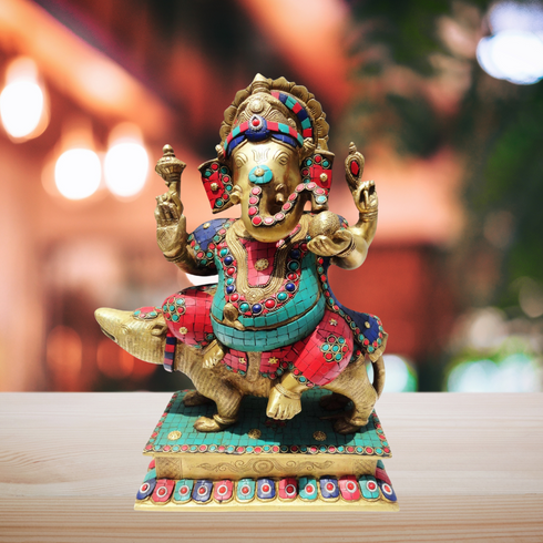 Brass Ganesh Ji Sitting On Rat Statue 14.348Kg