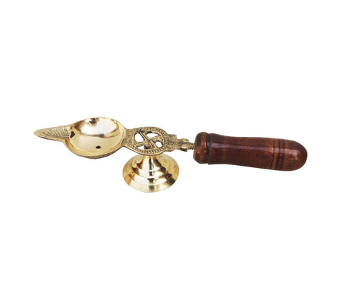 Brass Oil Lamp Deepak With Wooden Handle 0.04Kg