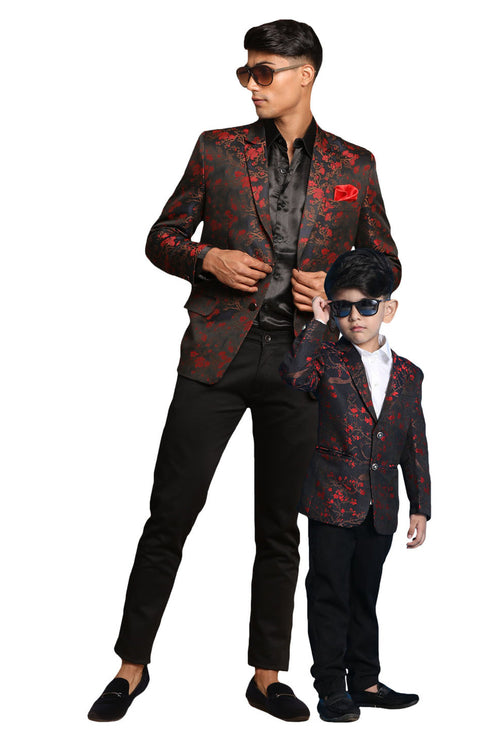 VASTRAMAY Red And Blue Jacquard Blazer Baap Beta Set