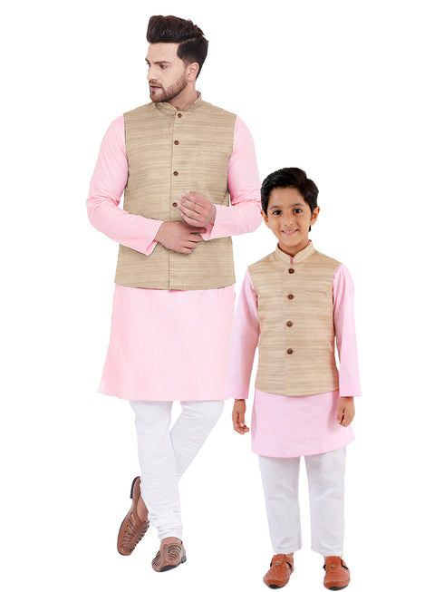 Vastramay Beige, Pink And White Baap Beta Nehru Jacket Kurta Pyjama set