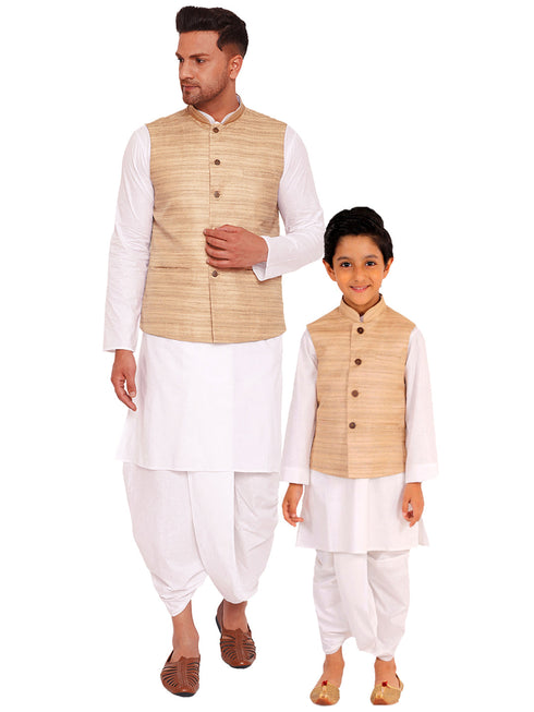 Vastramay Beige Cotton Silk Jacket & White Dhoti Kurta Baap Beta Set
