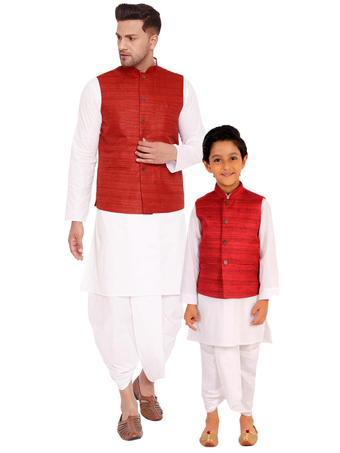 Vastramay Maroon Cotton Silk Nehru Jacket & White Dhoti Kurta Baap Beta Set