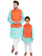Vastramay Orange And Turquoise Color White Baap Beta Nehru Jacket Kurta Pyjama set