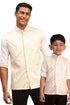 VASTRAMAY Cream Mirror Work Viscose Sleeveless Ethnic Jacket Baap Beta Set