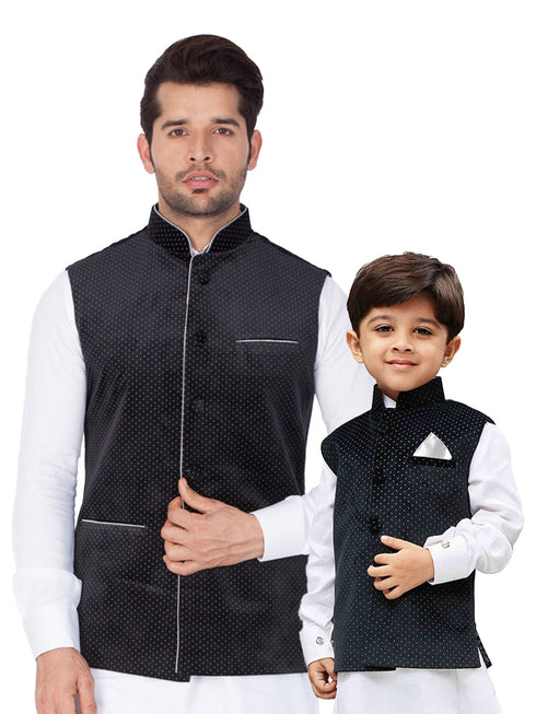 VASTRAMAY Velvet Black Color Baap Beta Ethnic Jacket