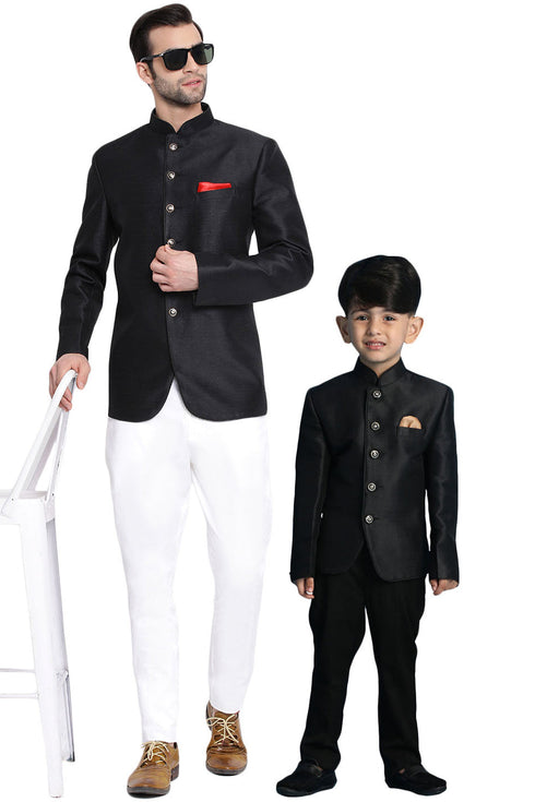 VASTRAMAY Black Silk Blend Solid Baap Beta Jodhpuri Set
