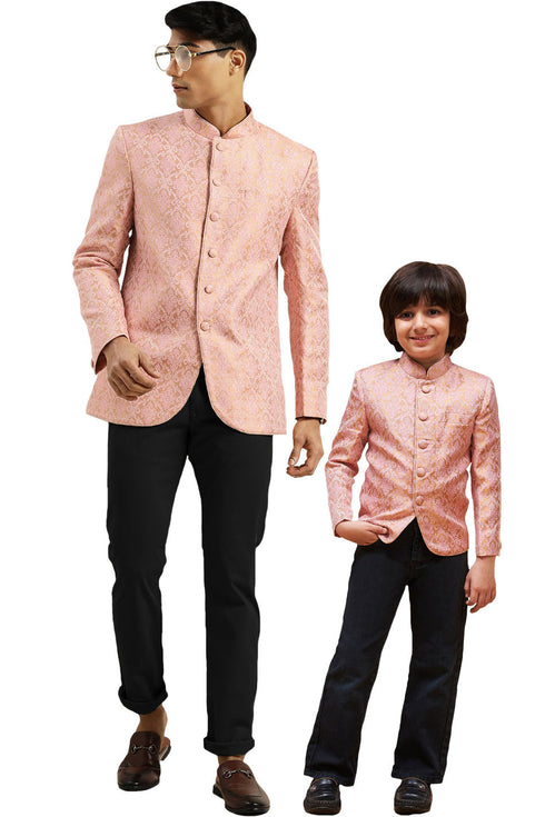 VASTRAMAY Pink Banarasi Brocade Jodhpuri Bapp Beta Set
