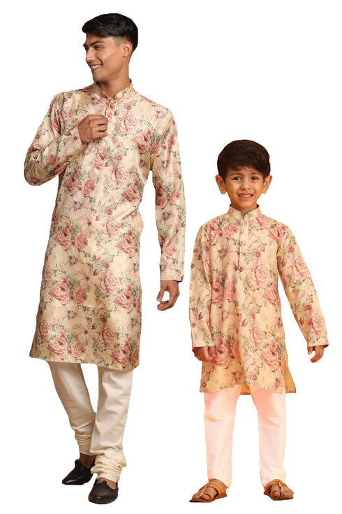 VASTRAMAY Brown Floral printed Silk Blend Kurta Pyjama baap Beta Set