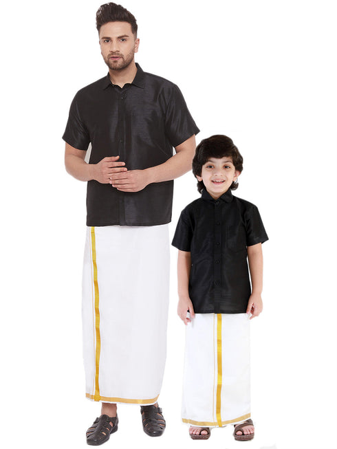 Vastramay Men's & Boys Black Solid Silk Blend Half Sleeve Ethnic Shirt And Mundu Set
