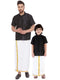 Vastramay Men's & Boys Black Solid Silk Blend Half Sleeve Ethnic Shirt And Mundu Set
