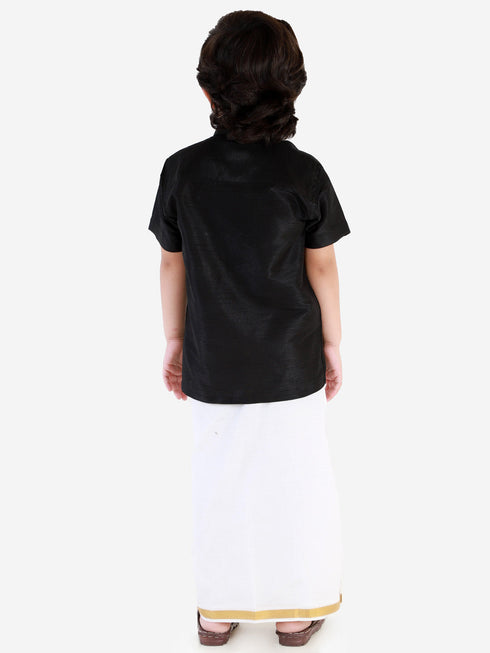 Vastramay Men's & Boys Black Solid Silk Blend Half Sleeve Ethnic Shirt And Mundu Set