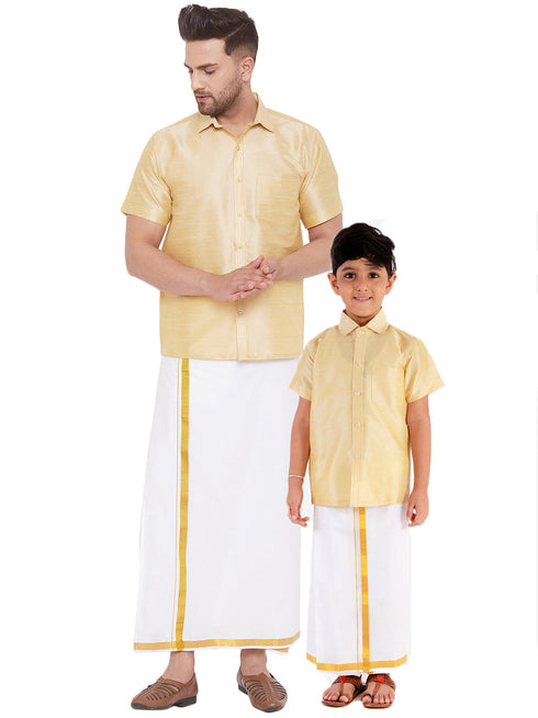 Vastramay Men's & Boys Gold Solid Silk Blend Half Sleeve Ethnic Shirt And Mundu Set