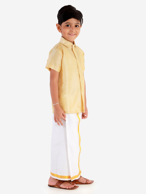 Vastramay Men's & Boys Gold Solid Silk Blend Half Sleeve Ethnic Shirt And Mundu Set