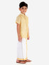 Vastramay Men's & Boys Gold Solid Silk Blend Half Sleeve Ethnic Shirt And Mundu Set