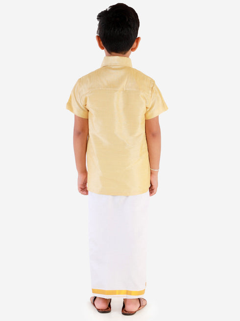 Vastramay Men's & Boys Gold Solid Silk Blend Half Sleeve Ethnic Shirt And Mundu Set