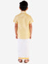 Vastramay Men's & Boys Gold Solid Silk Blend Half Sleeve Ethnic Shirt And Mundu Set