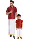 Vastramay Men's & Boys Maroon Solid Silk Blend Half Sleeve Ethnic Shirt And Mundu Set