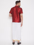 Vastramay Men's & Boys Maroon Solid Silk Blend Half Sleeve Ethnic Shirt And Mundu Set