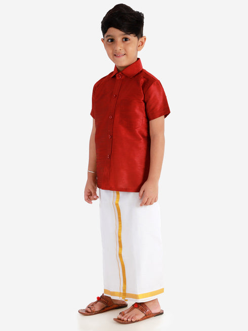 Vastramay Men's & Boys Maroon Solid Silk Blend Half Sleeve Ethnic Shirt And Mundu Set