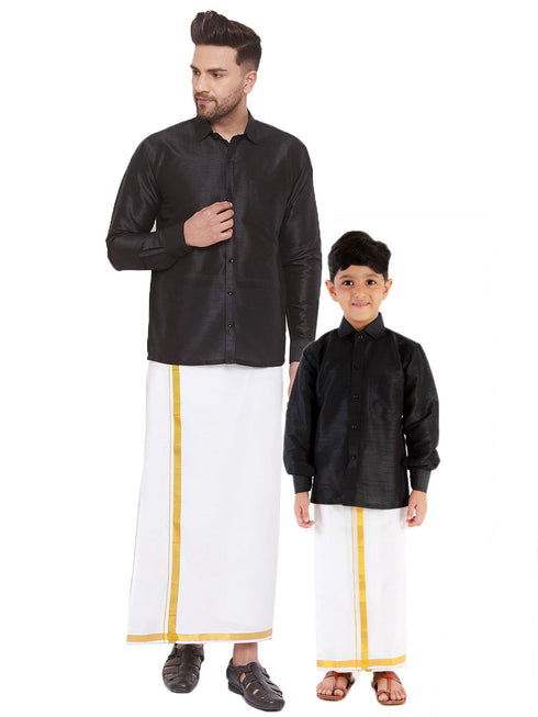Vastramay Men's & Boys Black Solid Silk Blend Full Sleeve Ethnic Shirt And Mundu Set